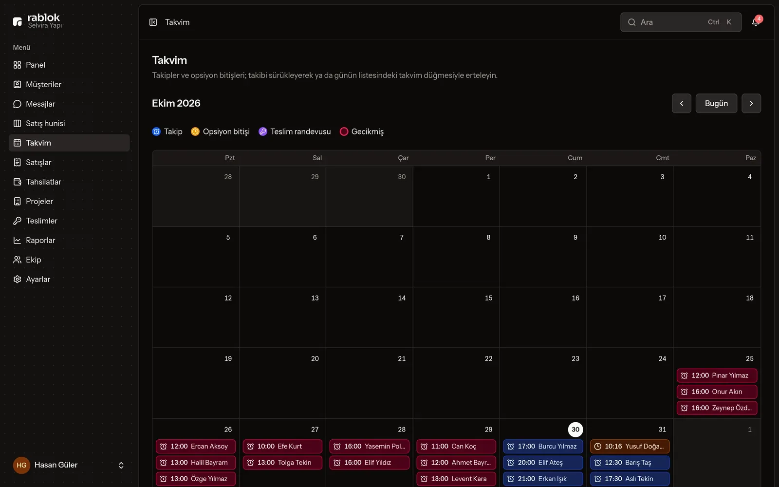 Calendar and follow-ups (dark theme)