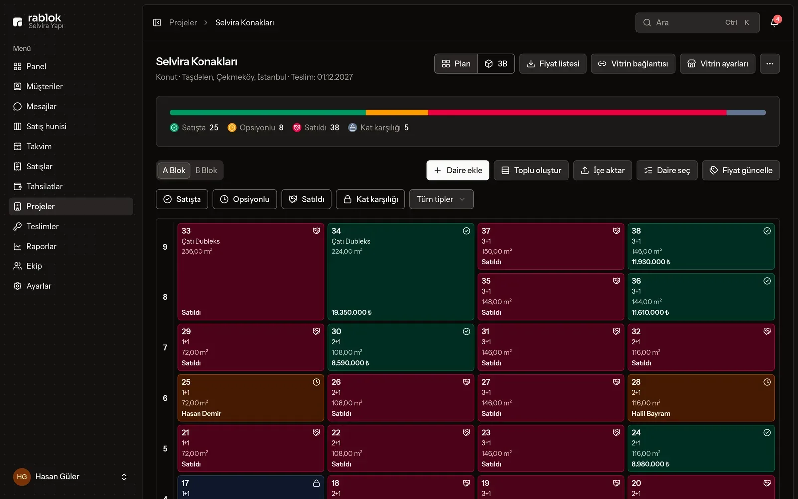 Projects and units (dark theme)