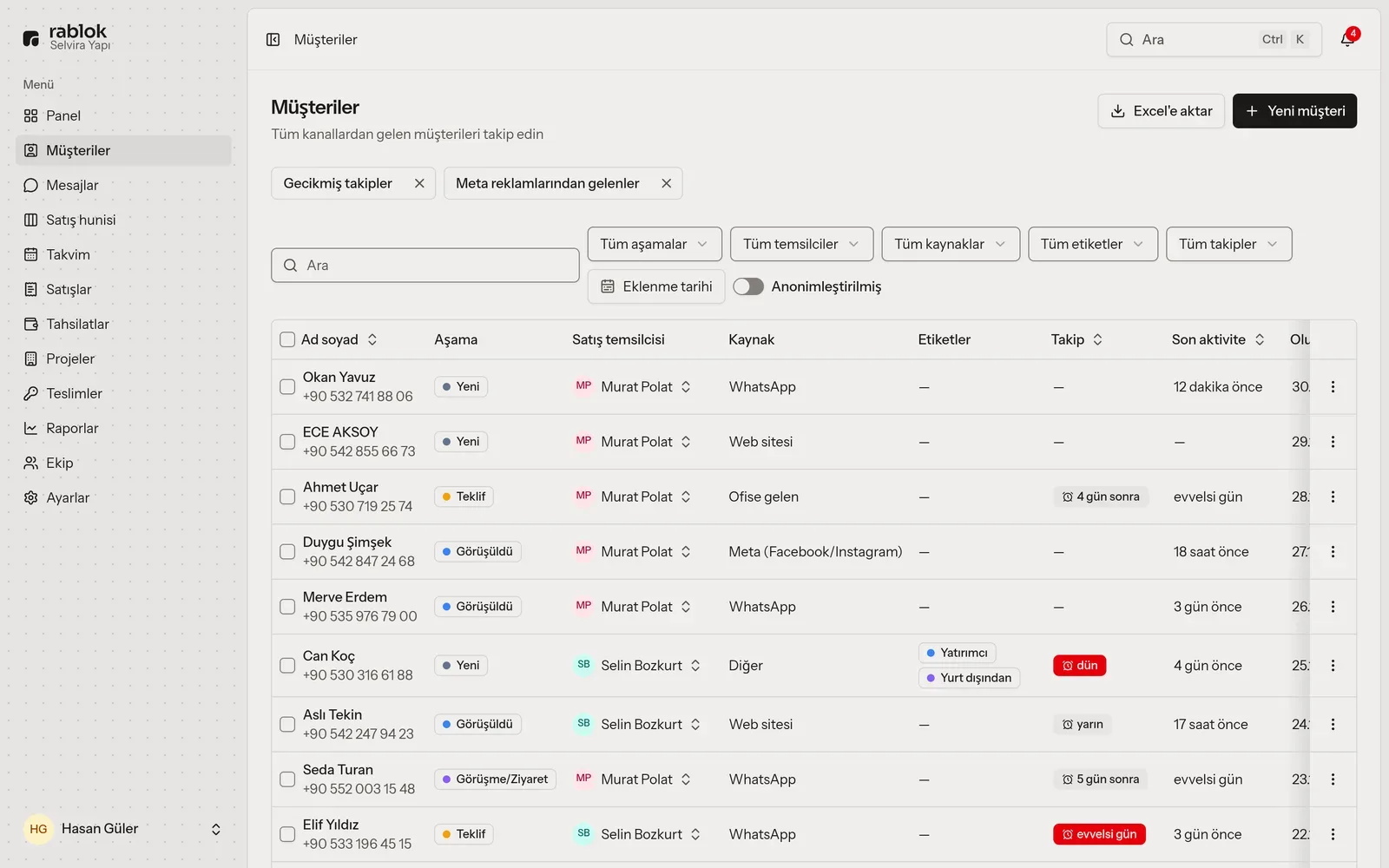 Lead list filtered by source, stage and rep