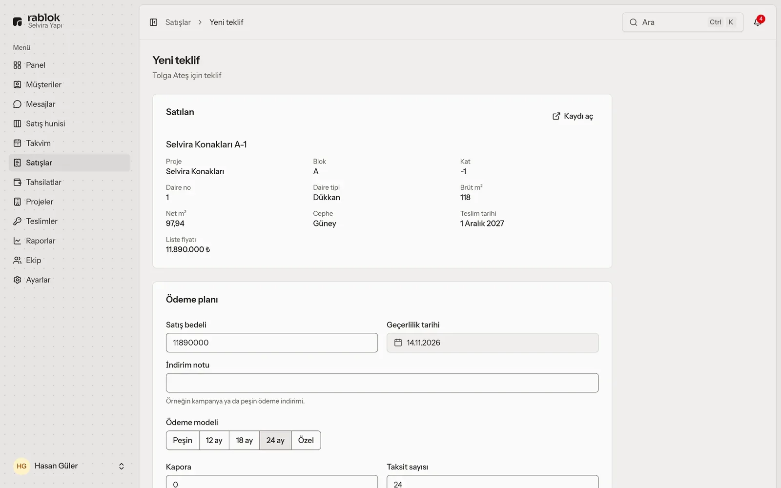 Choosing a payment plan on a new offer
