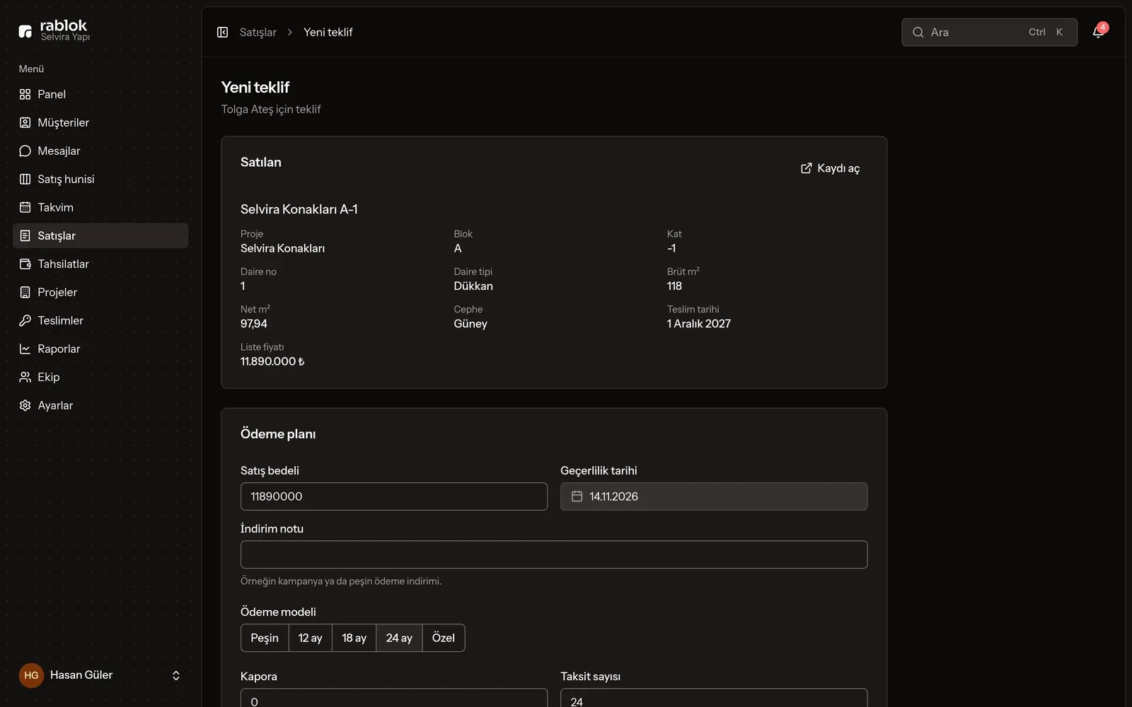 Choosing a payment plan on a new offer