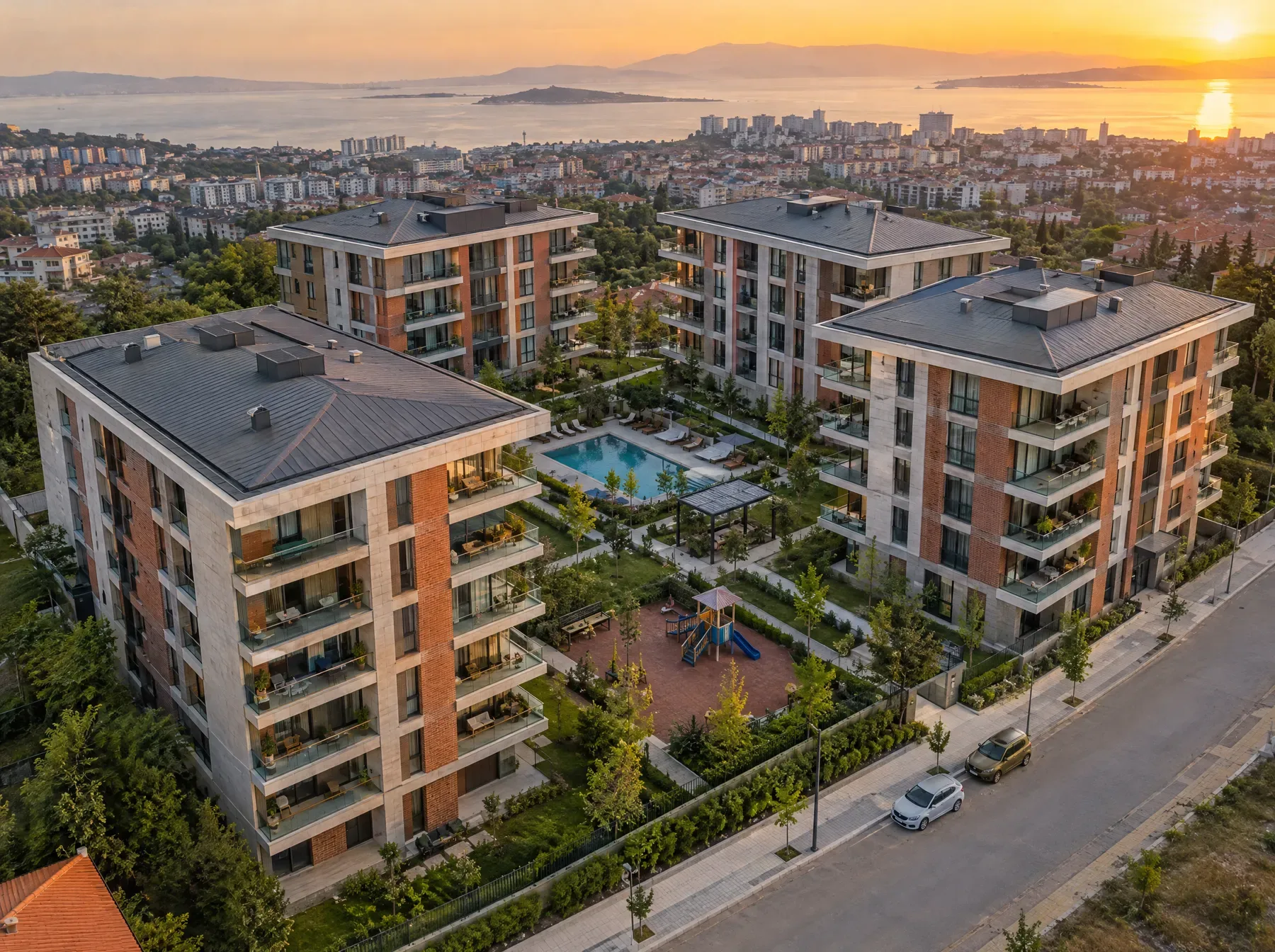 Aerial view of a new residential complex with a courtyard and pool