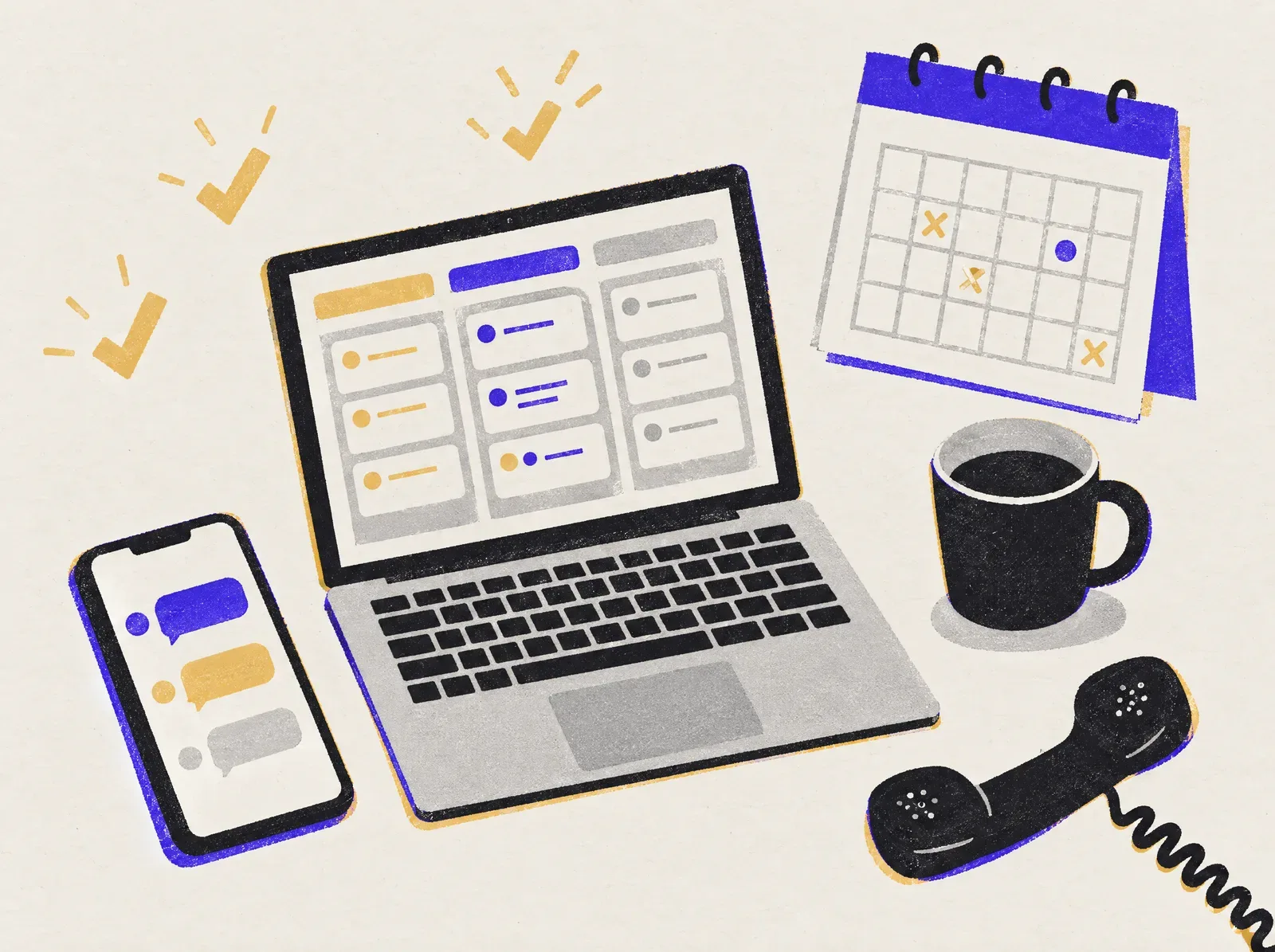 A sales team's day: a pipeline on a laptop, a phone, a calendar and messages