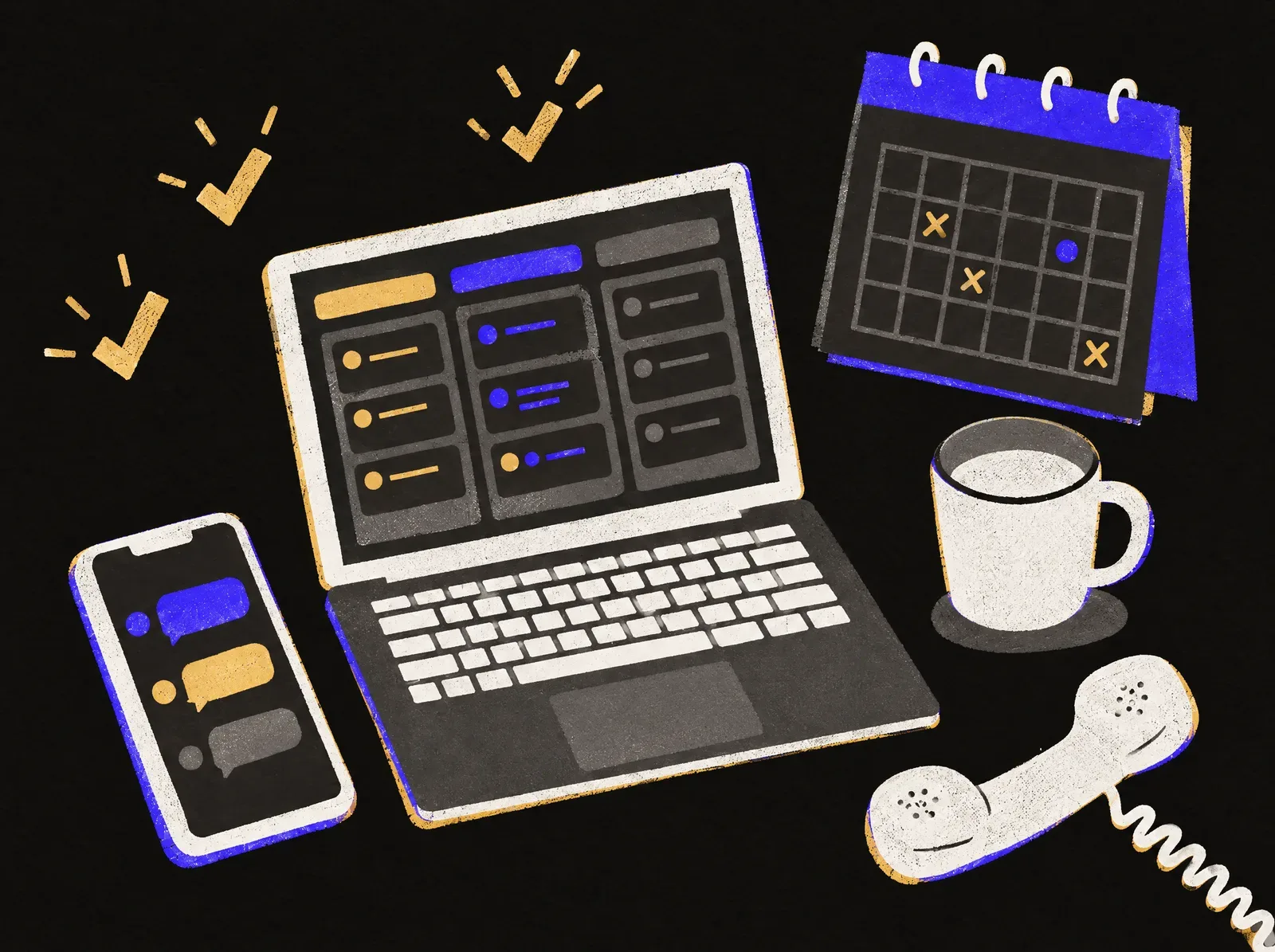 A sales team's day: a pipeline on a laptop, a phone, a calendar and messages