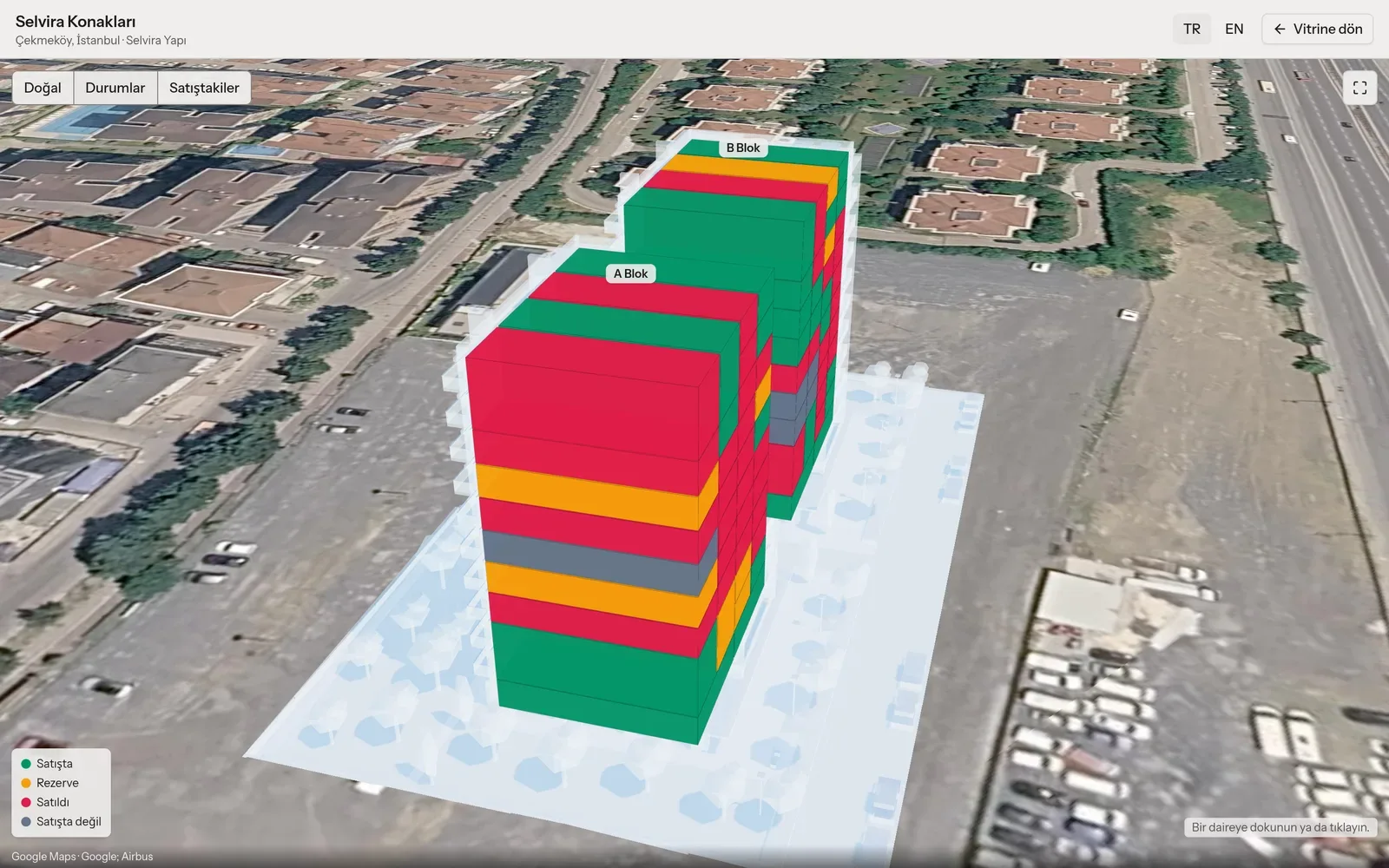 A 3D project maquette with units coloured by sales status