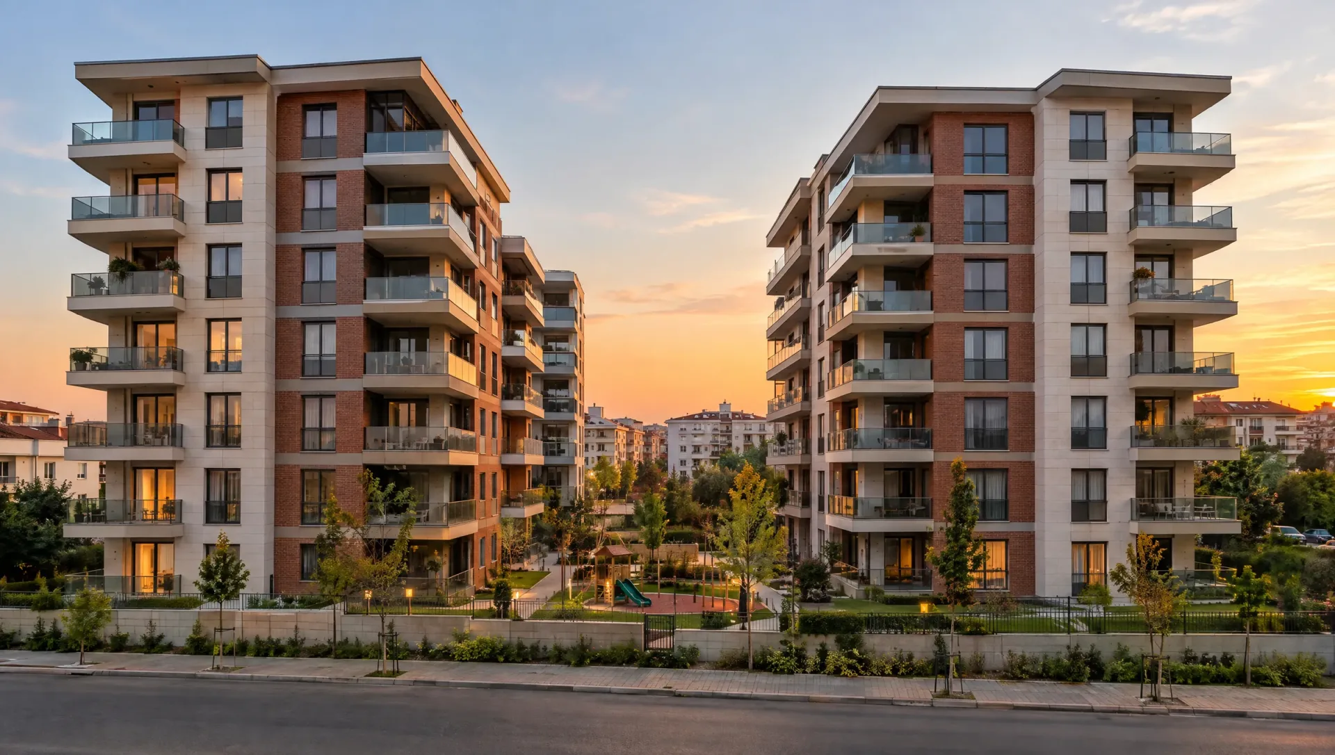 A newly completed residential project with brick and stone facades at sunset