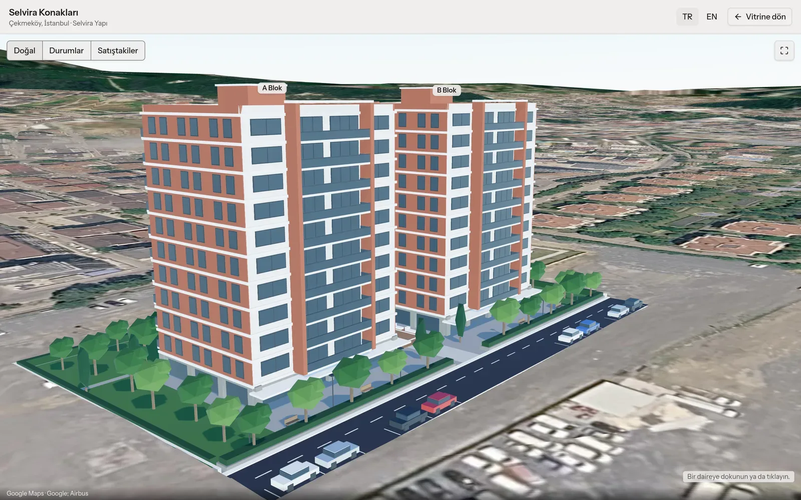 The 3D maquette from street level: facades, shop fronts and trees
