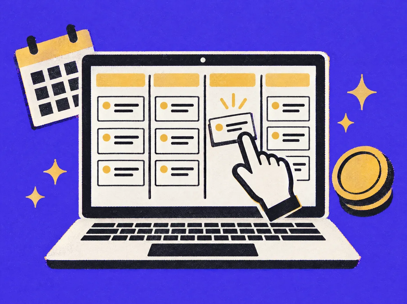 A sales pipeline on a laptop, a cursor moving a card, a calendar and a gold coin