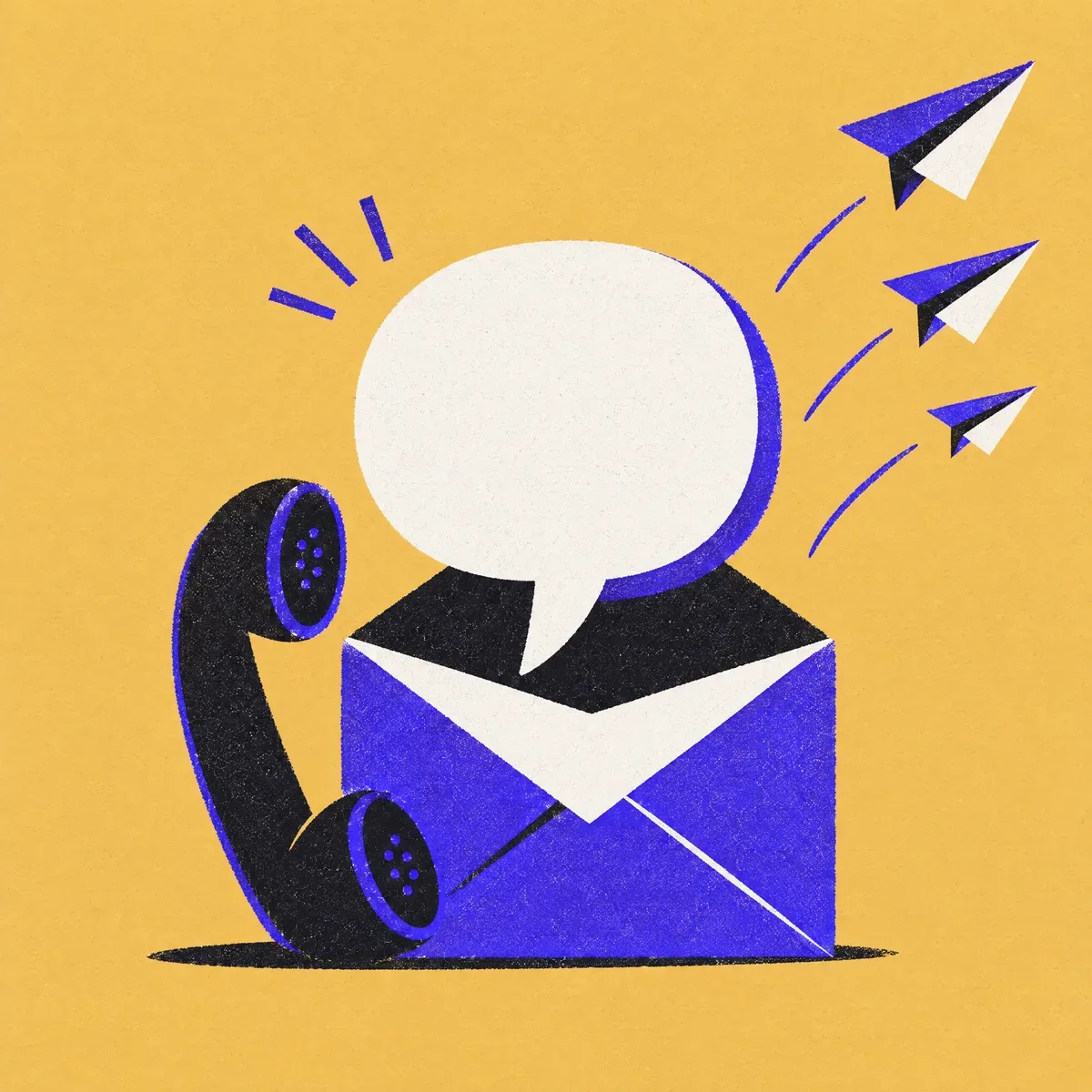 A speech bubble rising from an open envelope next to a telephone handset